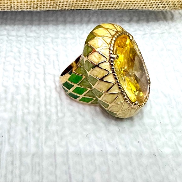 Vintage Large Cocktail Ring Yellow Glass Crystal Enamel Harlequin Mosaic Band - Picture 2 of 12